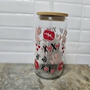 Valentine's Day Glass Tumbler Cup with Bamboo Lid